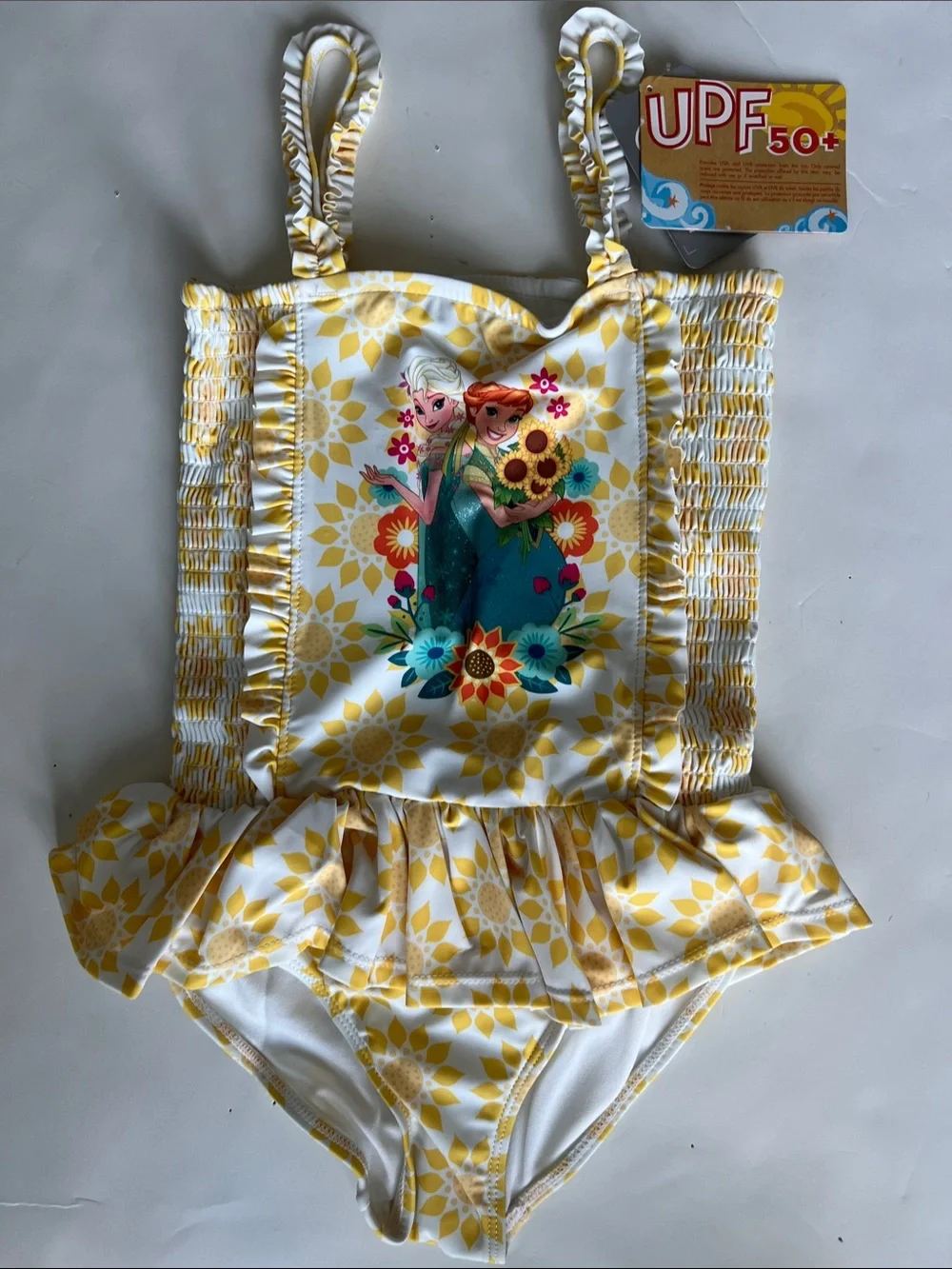 Disney Yellow Floral Frozen Elsa & Anna One-Piece Swimsuit with Ruffle
